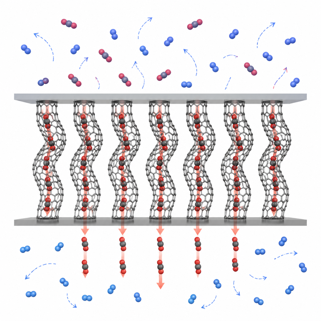 Figure 1. Упорядоченные потоки CO2, направляемые через закрученные нано‑туннели, в то время как другие молекулы газа движутся случайным образом вокруг них