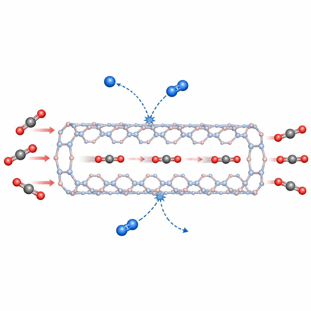 Figure 2. Крупный план изогнутых молекул CO2, плавно прецессирующих вдоль закрученной нанотрубки, в то время как молекулы N2 рассеиваются и меняют направление