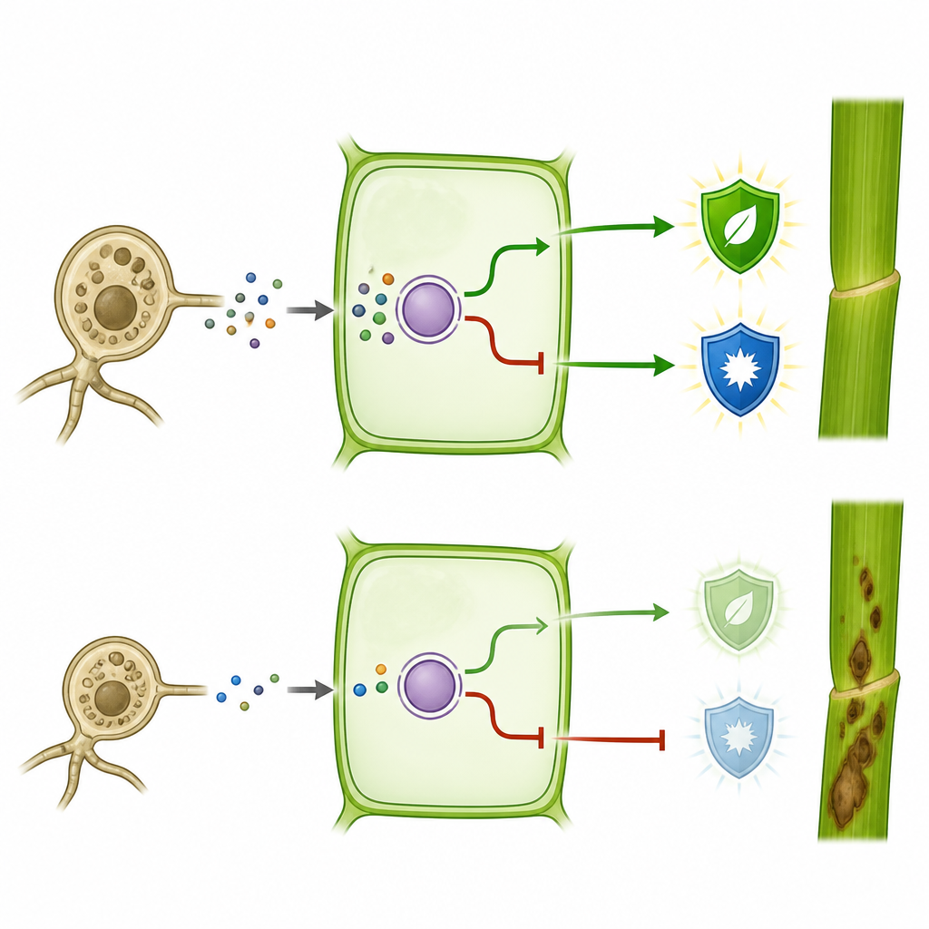 Figure 2. RNAs פטרייתיים חוטפים חלבון בקרה של האורז בעוד RNAs של הצמח מווסתים את רמתו, ומטות את המאזן בין מחלה להגנה.