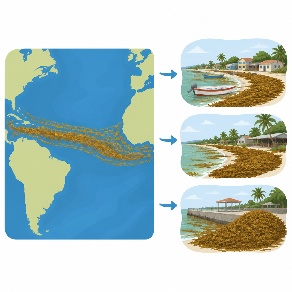 Figure 1. Una gigantesca cintura di alghe atlantiche si estende attraverso l’oceano e si accumula sulle spiagge tropicali, influenzando coste e comunità.