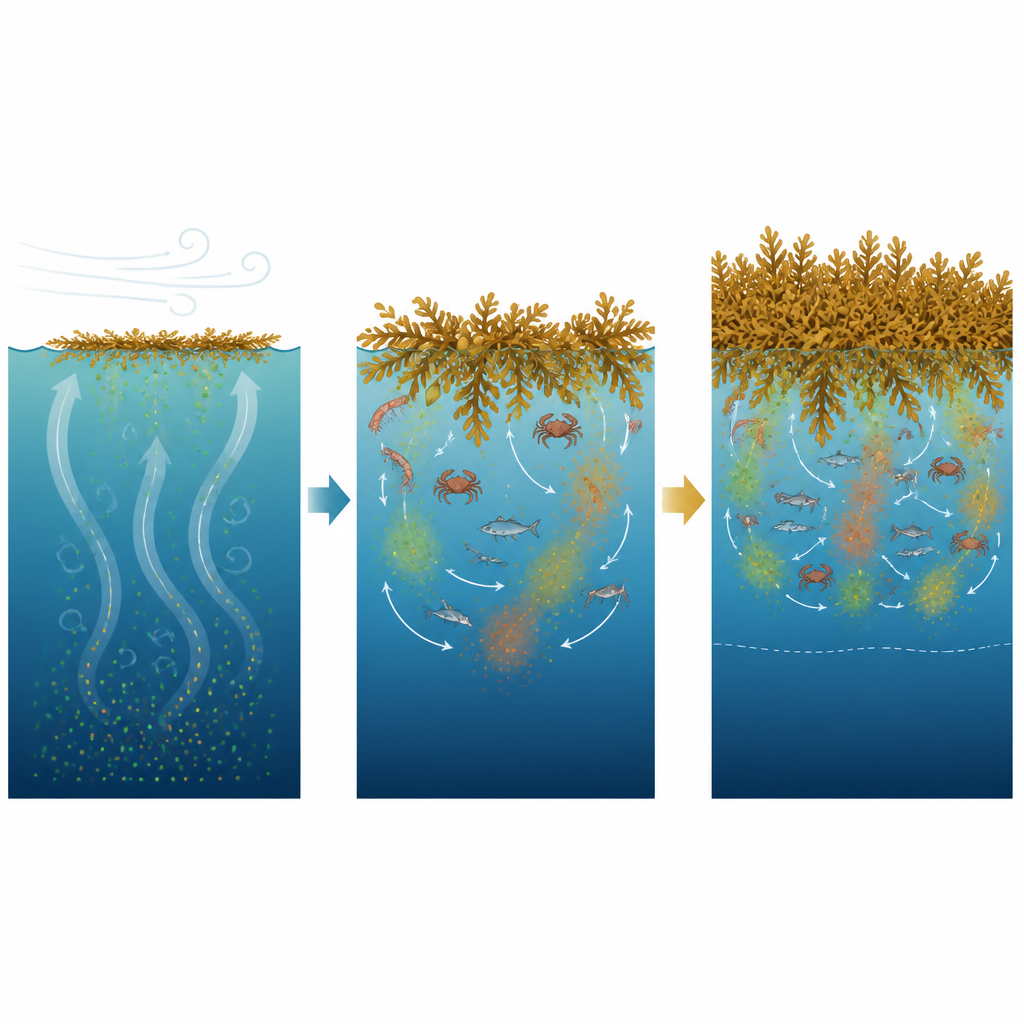 Figure 2. Le zattere di alghe in un primo momento alimentate da nutrienti oceanici più profondi sono sempre più sostenute da pesci e altri animali che riciclano nutrienti attorno a esse.