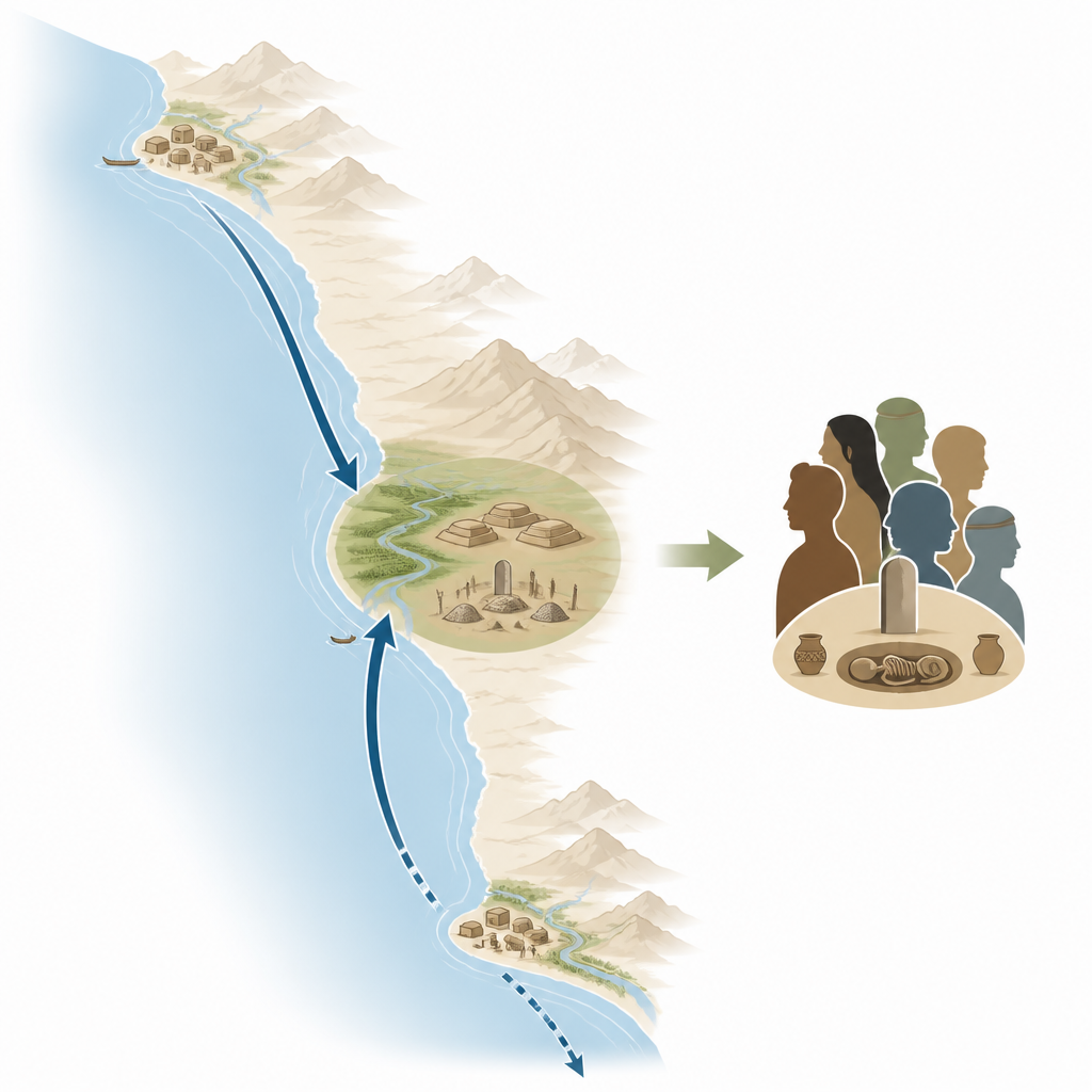 Figure 1. أشخاص من أجزاء بعيدة على ساحل بيرو انتقلوا إلى وادِي تشينتشا وشكّلوا مجتمعات ساحلية دائمة.