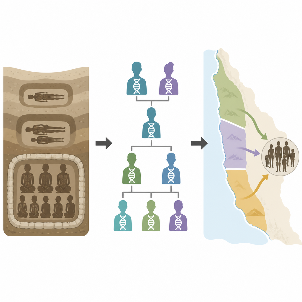 Figure 2. الحمض النووي القديم من المدافن يكشف شجرة عائلة ساحلية ويظهر كيف اختلطت مجموعات ساحلية مختلفة عبر الزمن.