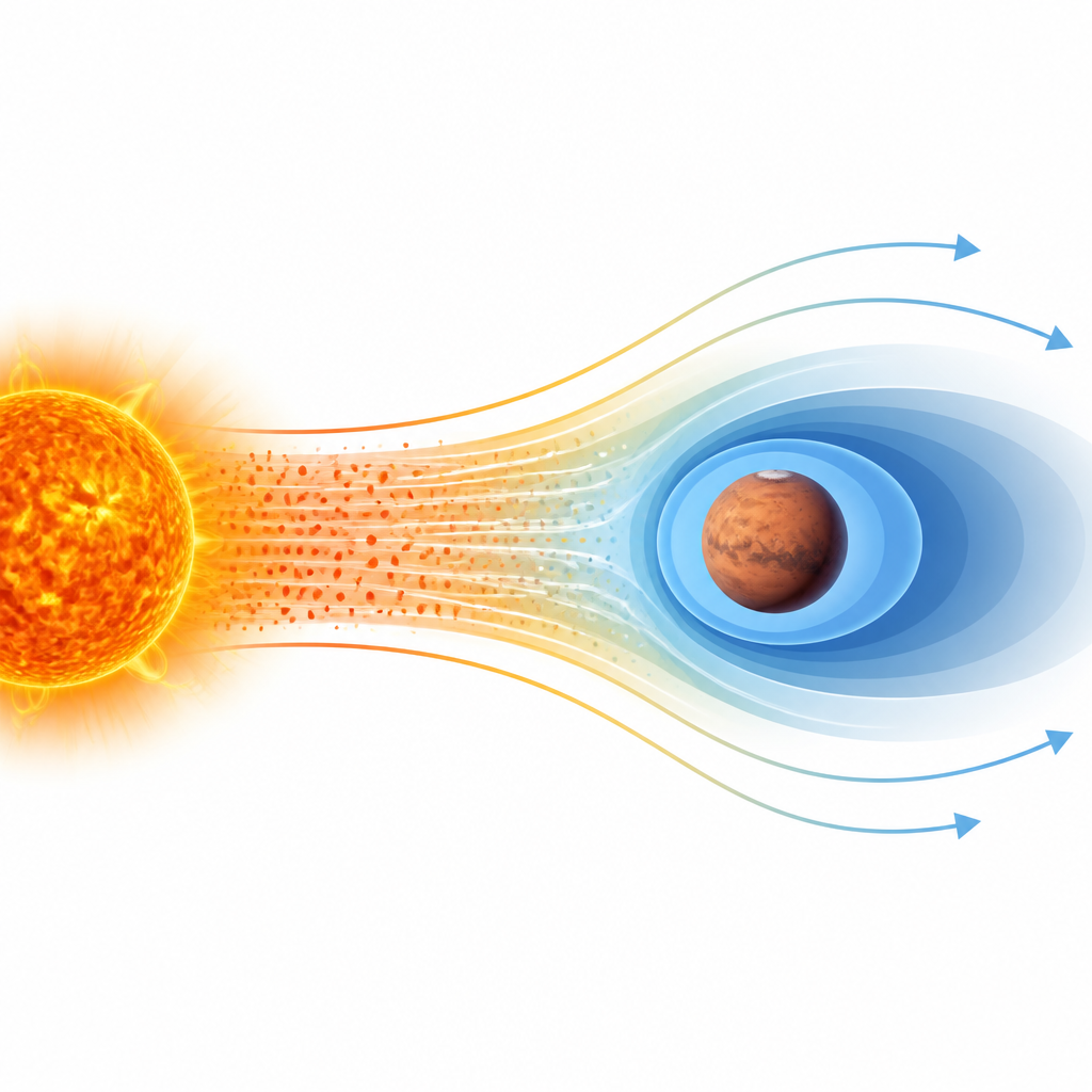 Figure 1. How the solar wind is squeezed and diverted around Mars’ upper atmosphere during a strong space weather event.