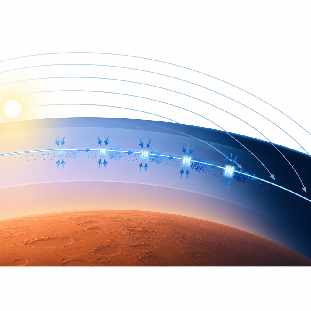 Figure 2. Step-by-step squeezing of charged gas along curved magnetic lines in Mars’ ionosphere by traveling magnetic pressure fronts.