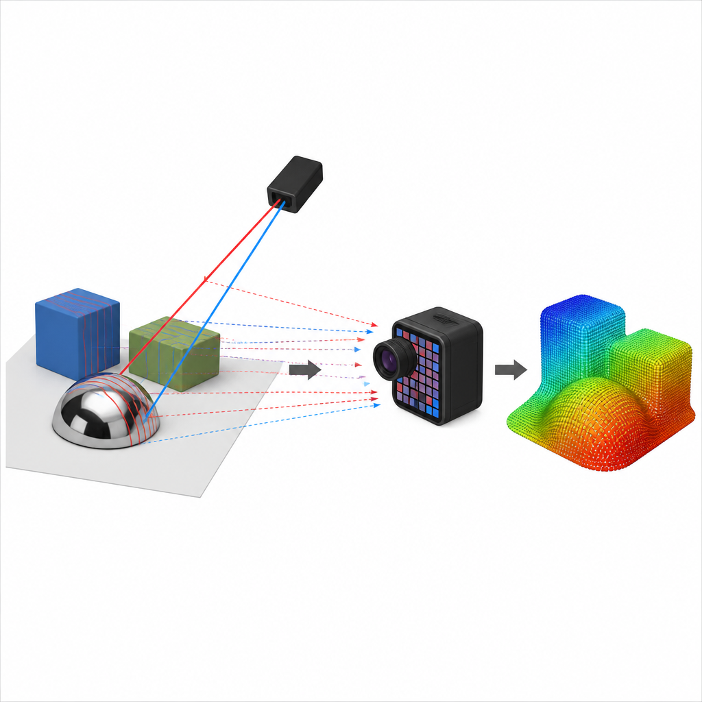 Figure 1. Jak laser i kamera zdarzeniowa współpracują, aby uchwycić kształty 3D zarówno błyszczących, jak i matowych obiektów w jednej scenie.