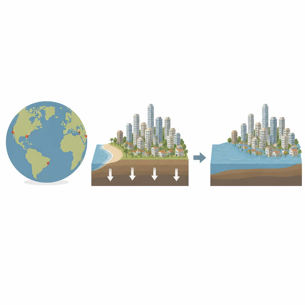 Figure 1. How sinking coastal land makes sea-level rise feel roughly twice as fast for people living in low-lying cities.