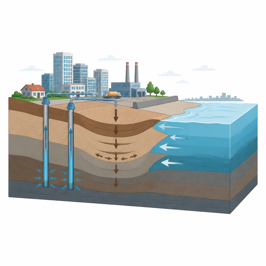 Figure 2. How groundwater use and soft sediments make coastal ground sink, boosting local sea-level rise near crowded shores.