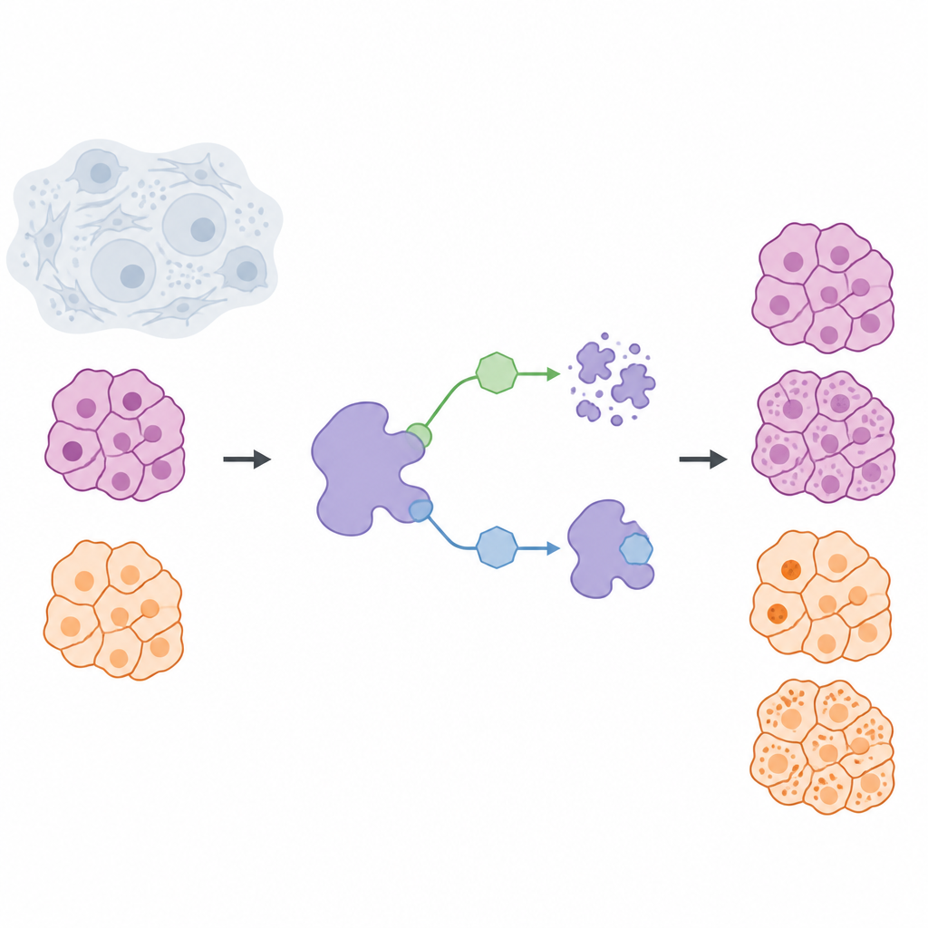 Figure 1. Hoe twee medicijnsoorten een kankerggerelateerd eiwit óf blokkeren óf verwijderen en daarmee het gedrag van cellen in verschillende solide tumoren veranderen