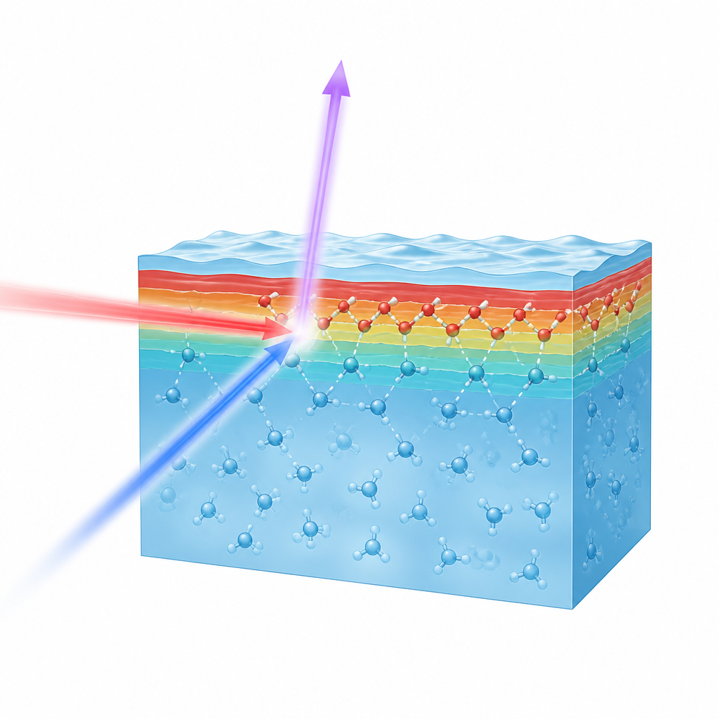 Figure 1. Hoe bijzondere lichtsignalen verborgen moleculaire ordening in de bovenste laag van vloeibaar water blootleggen