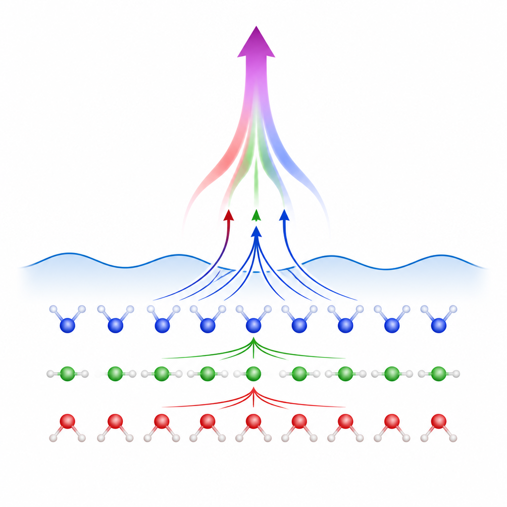 Figure 2. Hoe verschillende molecuul-lagen en lichtreacties samen het gemeten oppervlakssignaal van water vormen