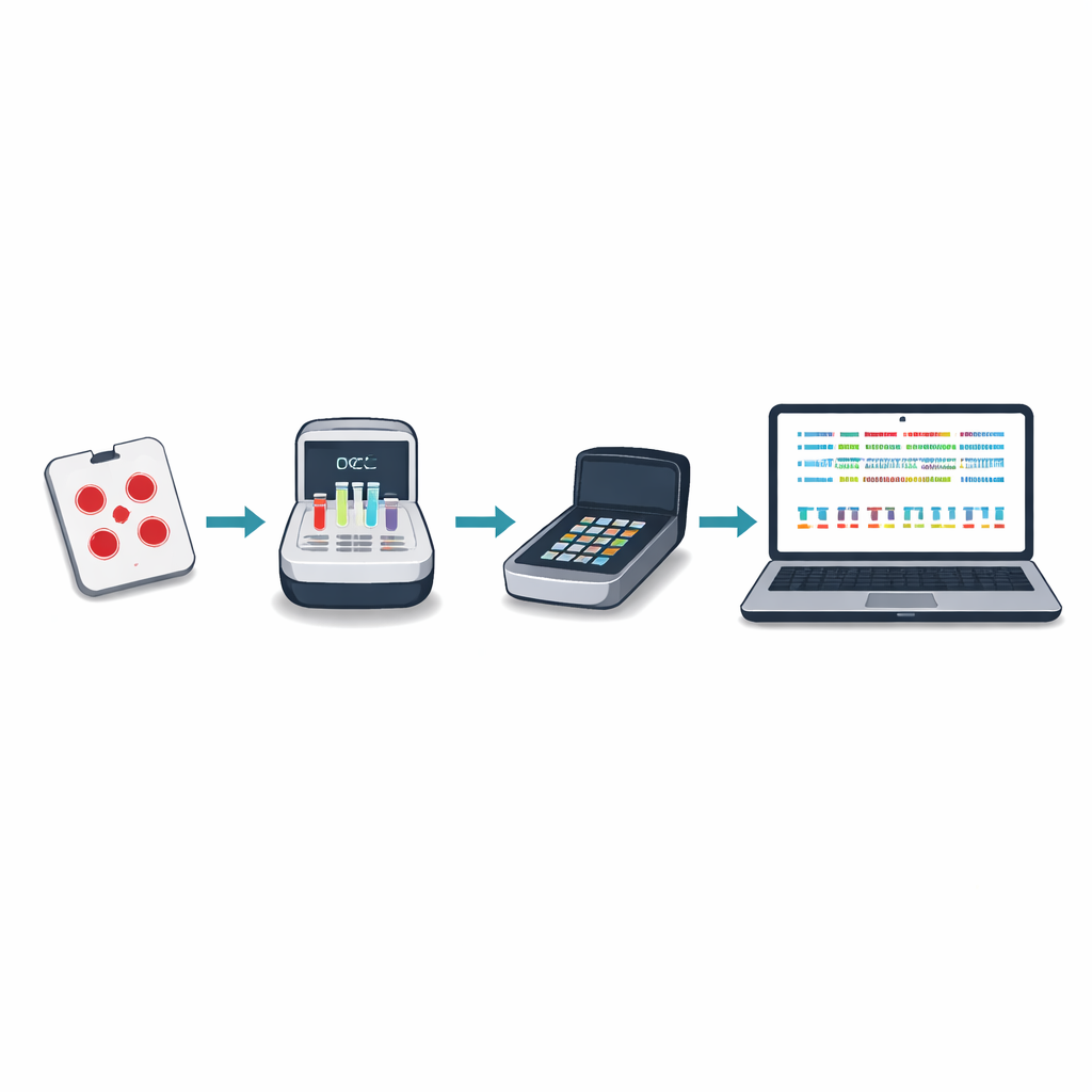 Figure 2. Stap-voor-stap reis van een malariabloedvlek via snelle nanopore-sequencing naar een laptop die resistentiepatronen toont.