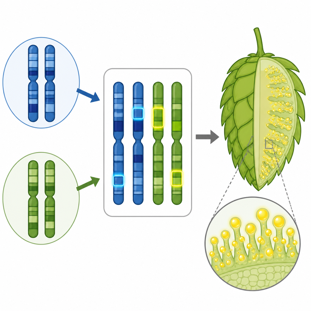 Figure 2. Como segmentos cromossômicos específicos nas flores do lúpulo aumentam a produção de ácidos amargos dentro de pequenas glândulas resinosas.