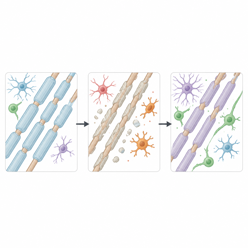 Figure 2. How myelin damage and repair unfold in nerve fibers and support cells during and after injury.