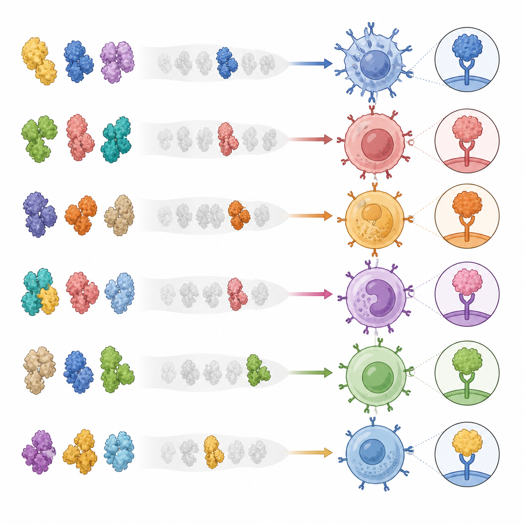 Figure 2. Hoe verschillende eiwitlokmiddelen specifieke helper-immuuncellen binden om stap voor stap virus- en kankertargets te onthullen