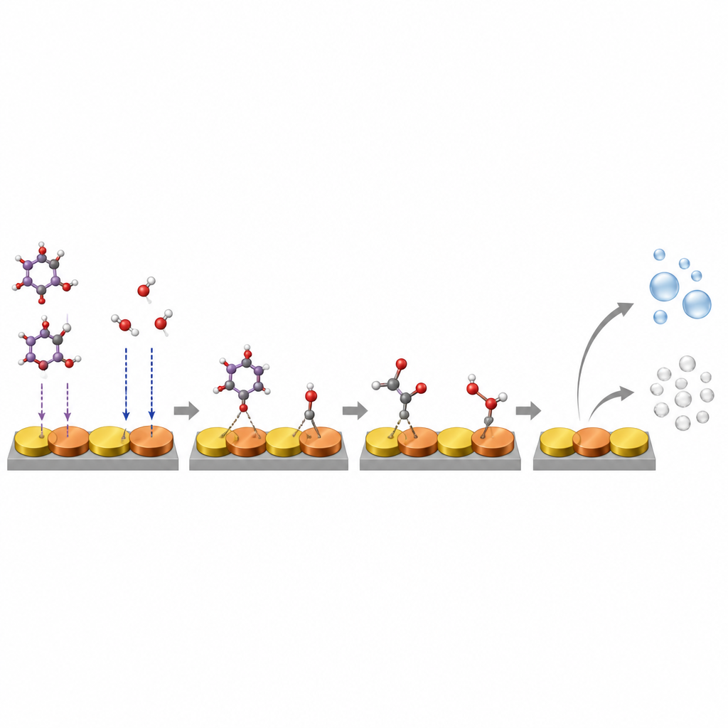 Figure 2. התמקדות בכיצד אתרי זהב ונחושת מנחים שברי מים וסוכר להגיב באופן נקי לתוצר תמיסתי וגז מימן