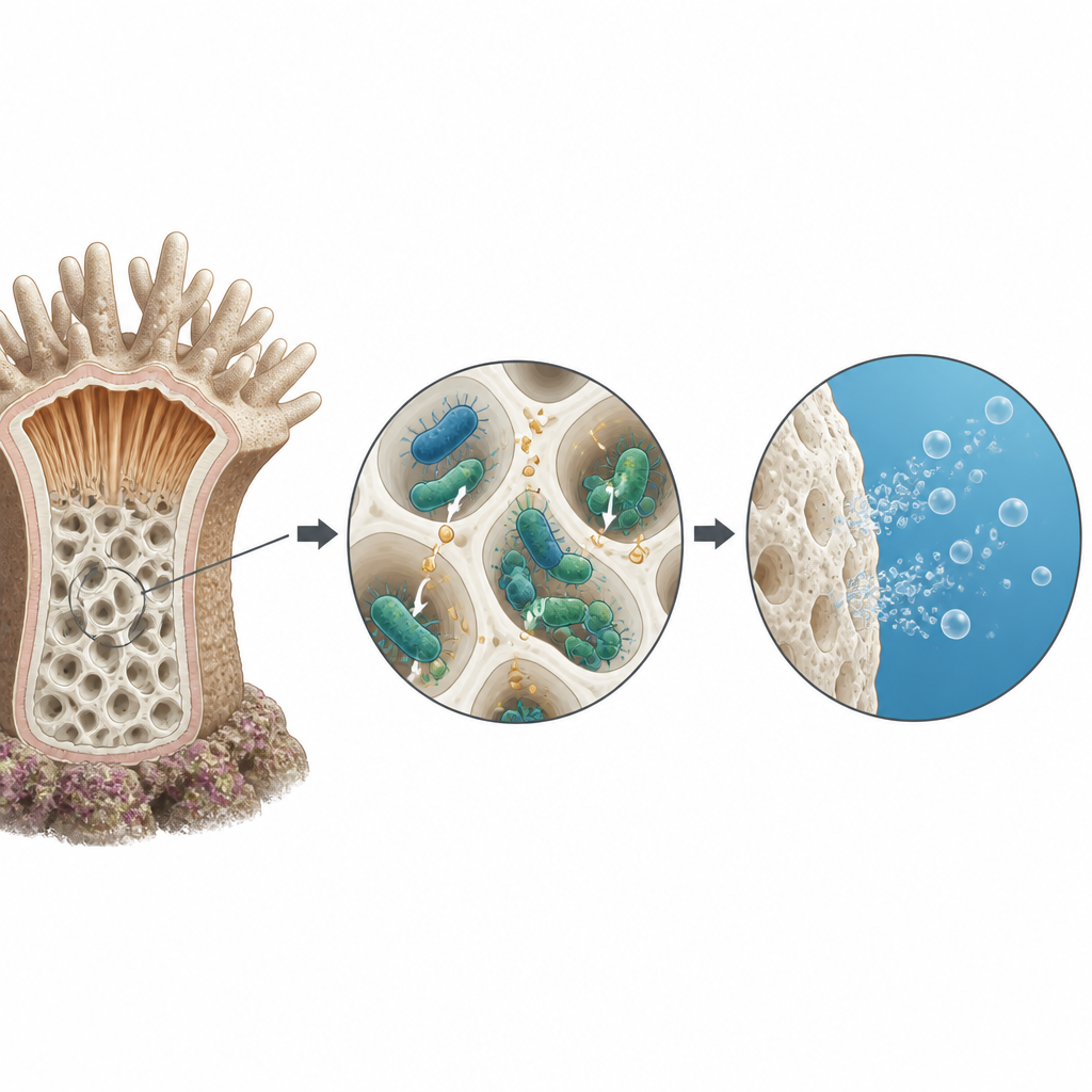 Figure 2. Gros plan sur les microbes coralliens transformant l’excès de nutriments en bulles qui s’échappent sans danger