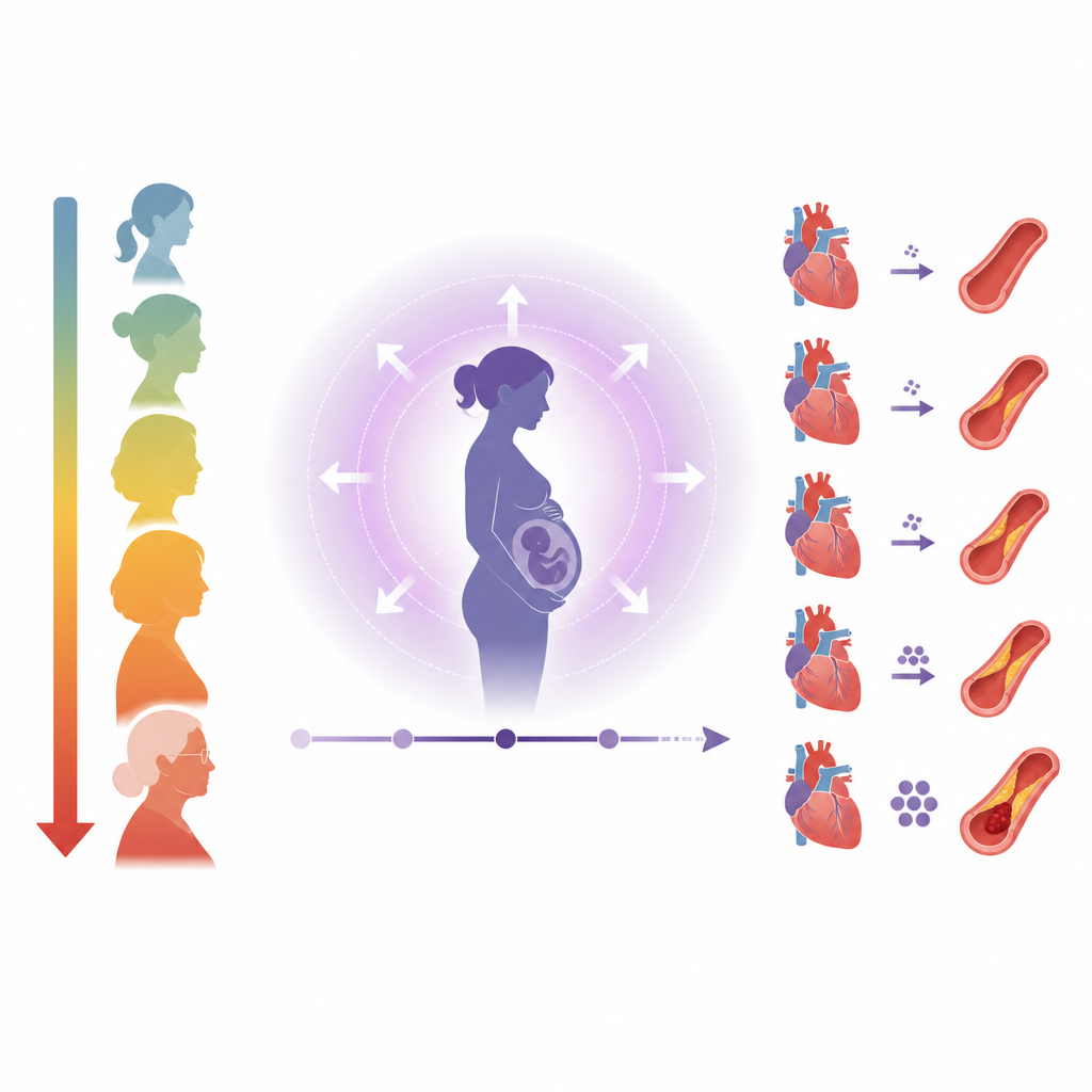 Figure 2. Pregnancy and postpartum apply a steady risk boost that leads to more heart events as baseline risk rises with age.