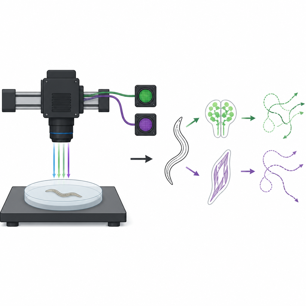 Figure 1. Microscópio simples observando uma minhoca rastejante livre para relacionar seus movimentos com sinais brilhantes do cérebro e dos músculos.