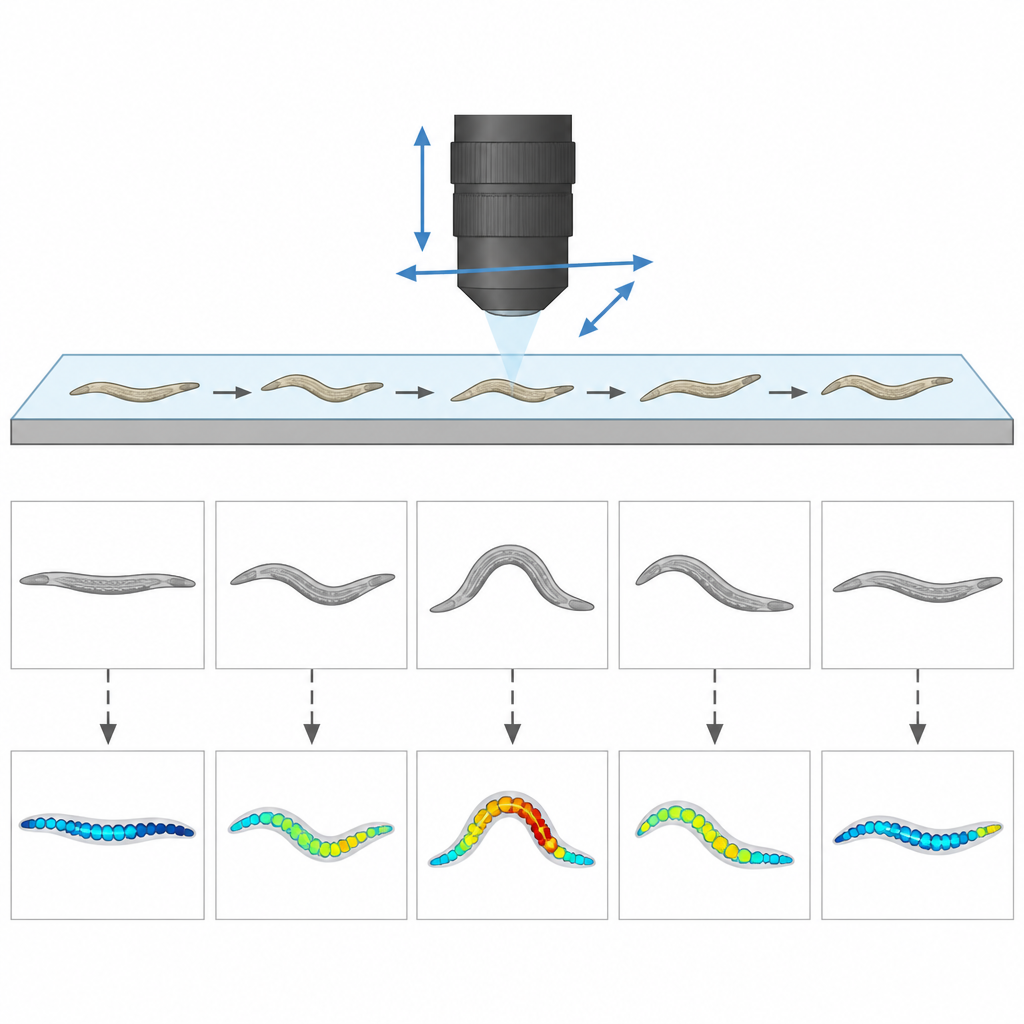 Figure 2. Worm movendo-se sob uma lente de rastreamento enquanto imagens emparelhadas mostram mudanças correspondentes na postura corporal e na atividade celular interna.