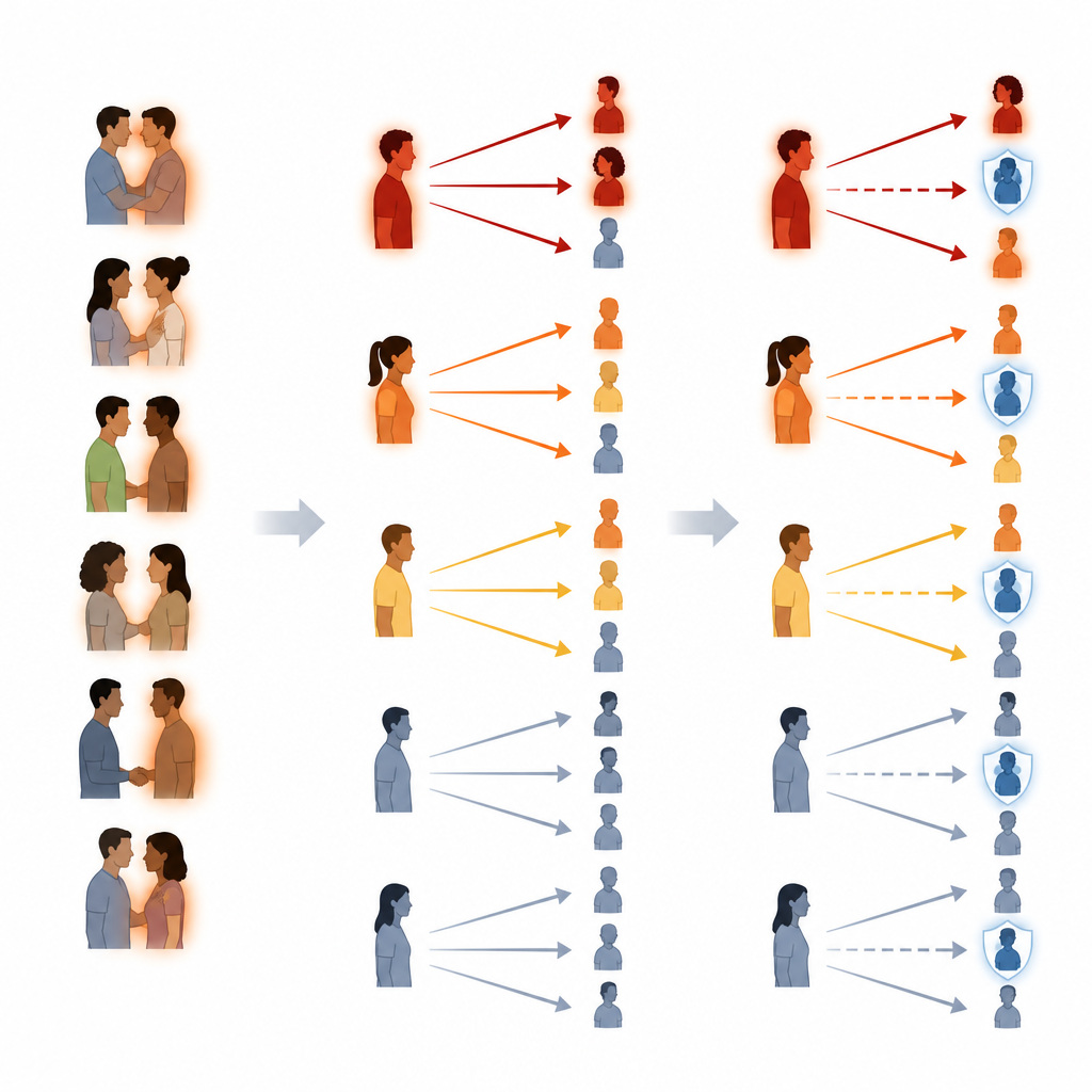 Figure 2. Verborgen en duidelijke mpox-infecties dragen beide bij aan virusoverdracht, zelfs wanneer vaccinatie de symptomen verzacht maar de verspreiding niet volledig blokkeert.