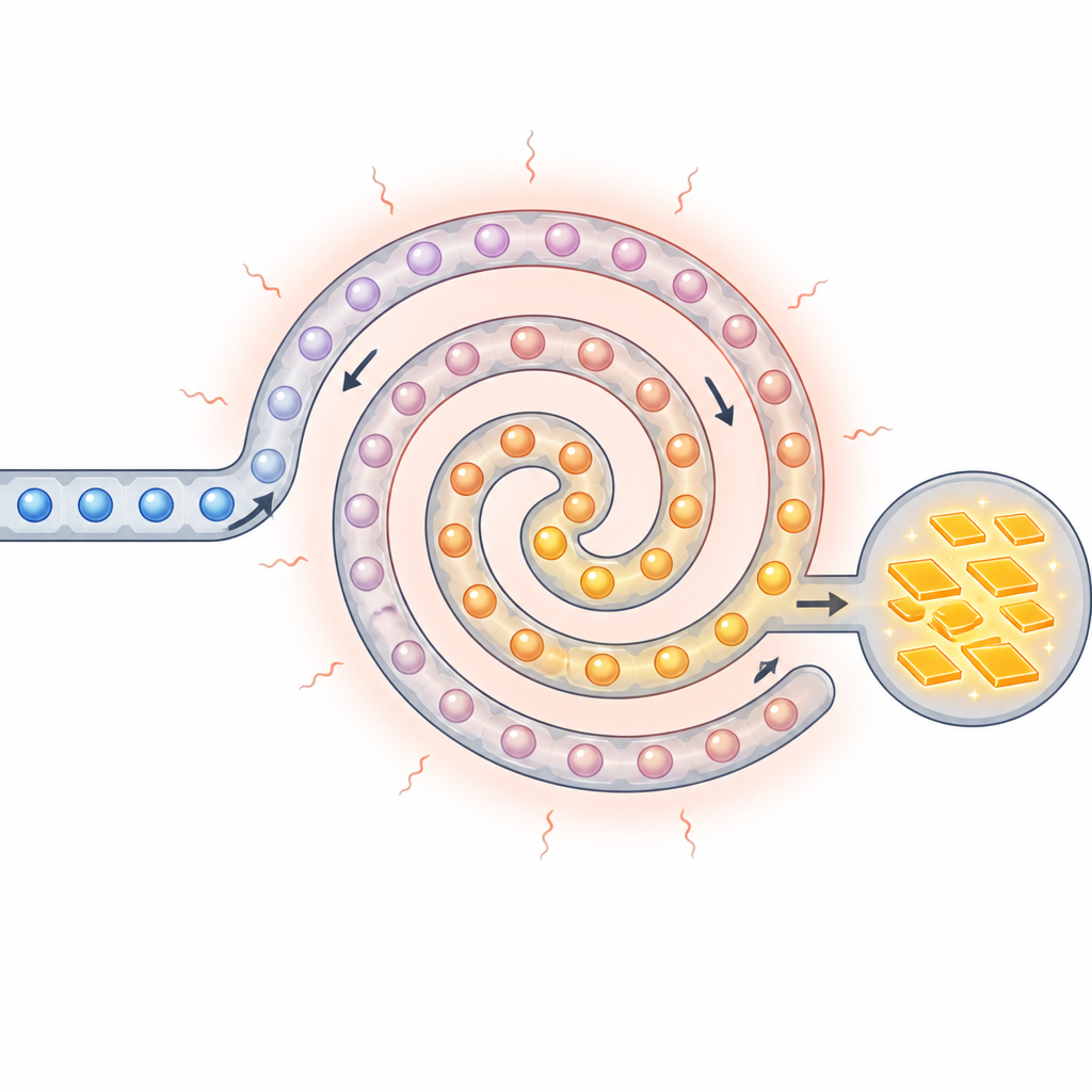 Figure 2. Kropelki przepływające przez podgrzewany spiralny kanał przekształcają się w jaśniejsze, bardziej jednorodne światłowypromieniowujące nanopłytkowce.