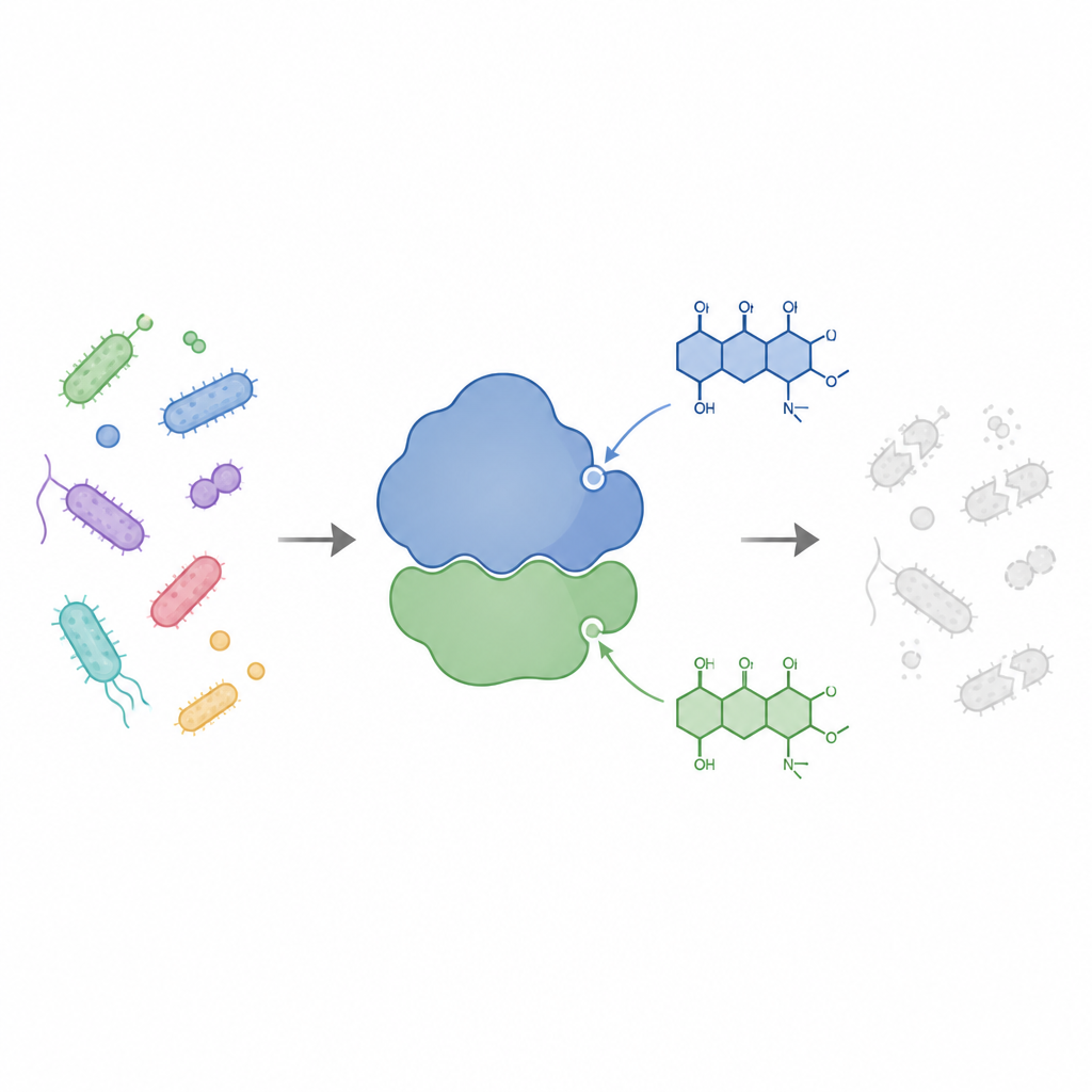 Figure 1. Tetracyclin‑Antibiotika, die zwei Bereiche der bakteriellen Proteinfabrik erfassen, um das Wachstum zu stoppen.