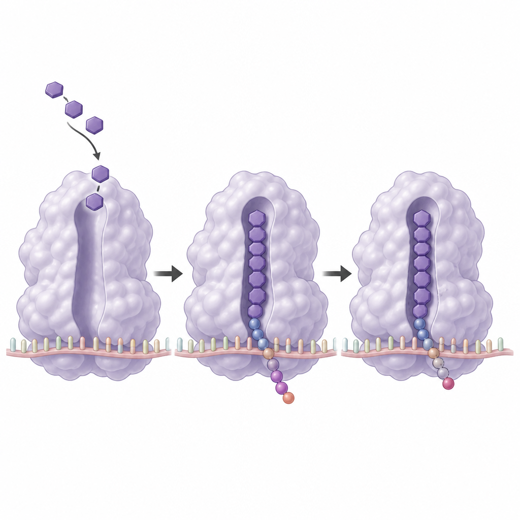 Figure 2. Aufgestapelte Antibiotikamoleküle, die einen Ribosomentunnel verstopfen und eine wachsende Proteinkette zum Stillstand bringen.
