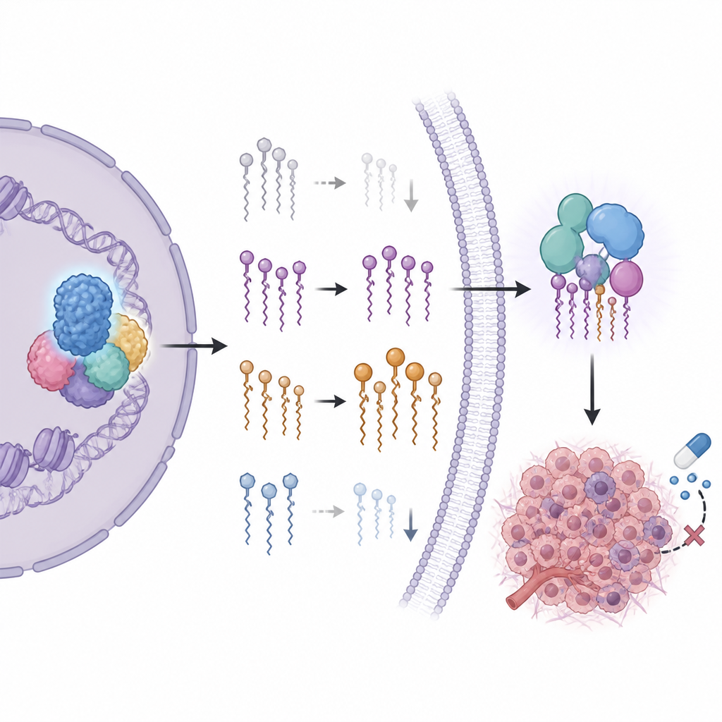 Figure 2. Inside a cancer cell where DKC1 rewires fats and signaling pathways to boost growth and block chemotherapy