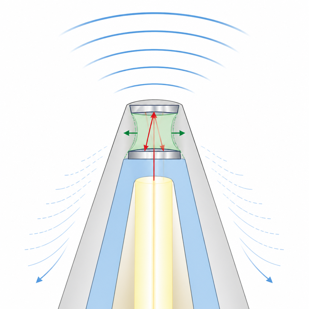 Figure 2. تعمل فجوة بوليمرية صغيرة على ليف مخروطي على تركيز الموجات فوق الصوتية إلى تغيّرات ضوئية، بينما شكلها يقلّل من طمس موجات السطح.
