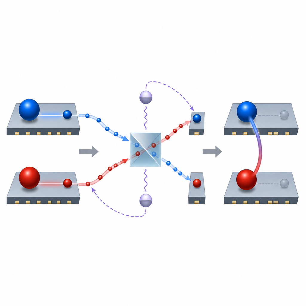 Figure 2. Schritt-für-Schritt-Prozess, bei dem Photon-Verbindungen und lokale Messungen ein effektives entferntes Controlled-NOT zwischen Kernspin-Qubits erzeugen.