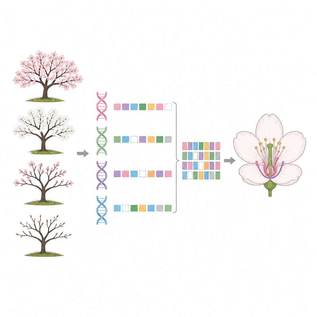 Figure 1. من جينومات كرز متنوعة إلى خريطة DNA مشتركة تفسر الاختلافات في توقيت التفتح.