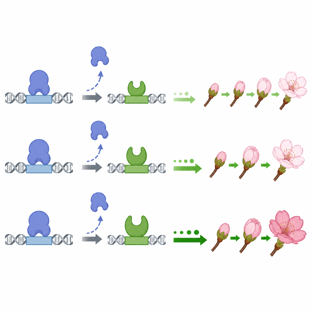 Figure 2. كيف يعمل مفتاح تحكّم في حمض الكرز النووي على تشغيل أو إطفاء جينات الإزهار ويغير سرعة فتح البراعم.