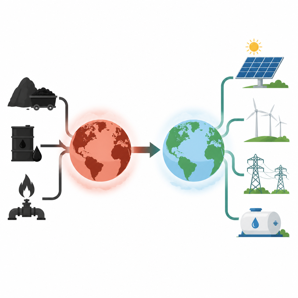 Figure 1. Global shift from fossil fuels to renewable electricity and hydrogen to stabilize climate near 1.5 degrees.
