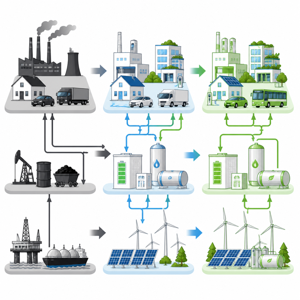 Figure 2. Step-by-step replacement of coal, oil, and gas with electrification, hydrogen, and renewables across industry, buildings, and transport.