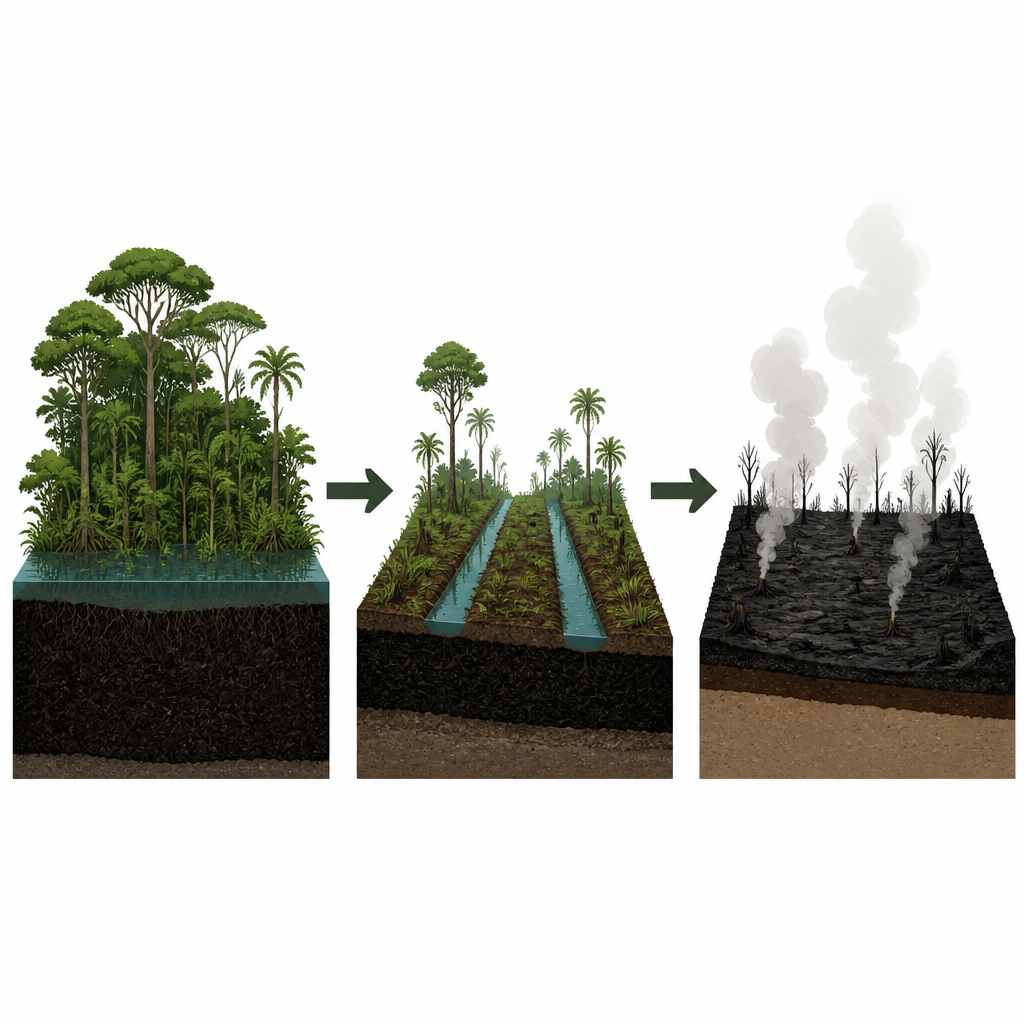 Figure 1. Wie das Trockenlegen und Abbrennen tropischer Torfgebiete uralten unterirdischen Kohlenstoff in atmosphärische Schadstoffe verwandelt.