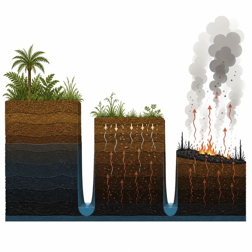Figure 2. Wie sinkender Wasserstand und Brände tiefere Torfschichten freilegen und schrittweise sehr alten Kohlenstoff in die Luft entlassen.