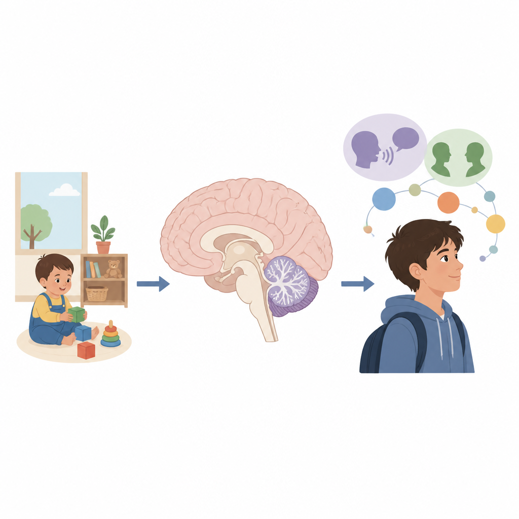 Figure 1. Hoe de groei van een klein achterhoofdgebied taal- en sociale vaardigheden ondersteunt van kindertijd tot volwassenheid