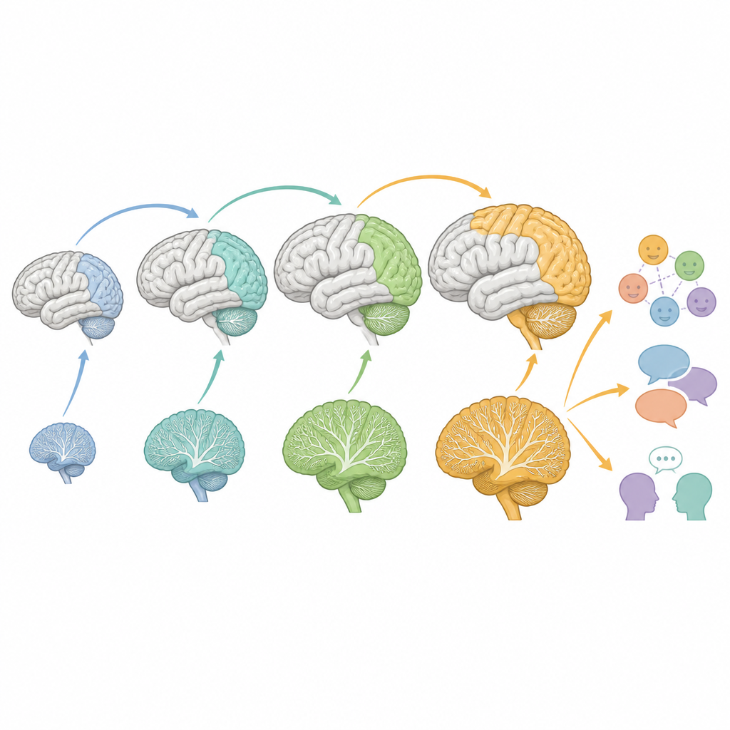Figure 2. Gefaseerde co-groei van cerebellum- en cortexregio’s die taal, lezen en alledaags sociaal gedrag vormgeeft
