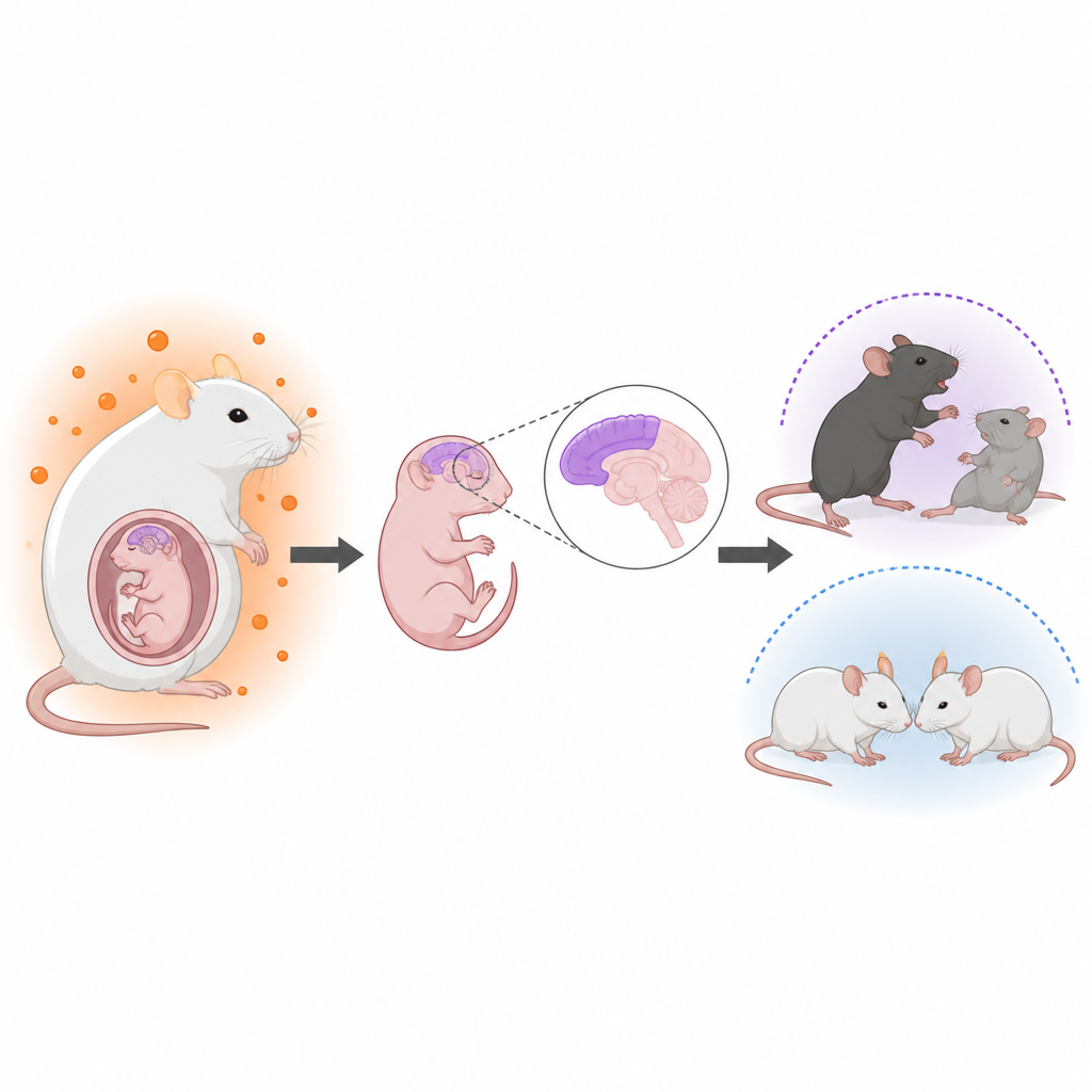 Figure 1. Hoe hoge maternale androgenen tijdens de zwangerschap de circuitvorming in het mannelijke foetale brein en later sociaal gedrag herschikken.