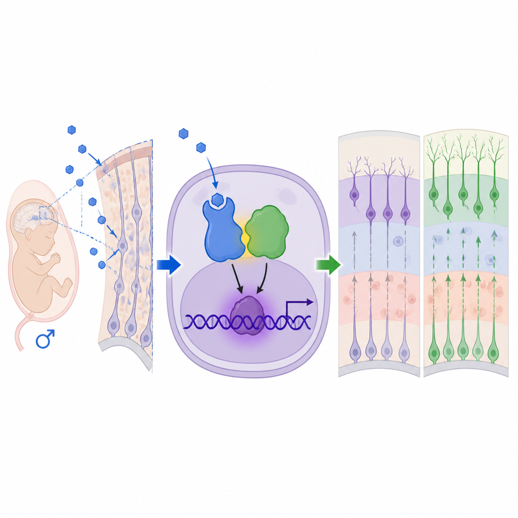 Figure 2. Binnen de mannelijke foetale cortex versterken androgenenreceptor en MeCP2 MEF2C, waardoor stamcellen meer richting neuronen gedreven worden en de lagenstructuur verandert.