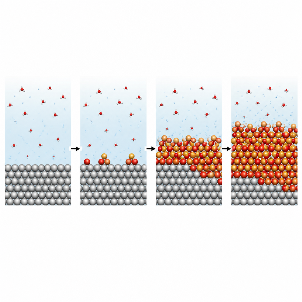 Figure 2. Step-by-step growth of a disordered platinum oxide film that slowly eats into the metal surface