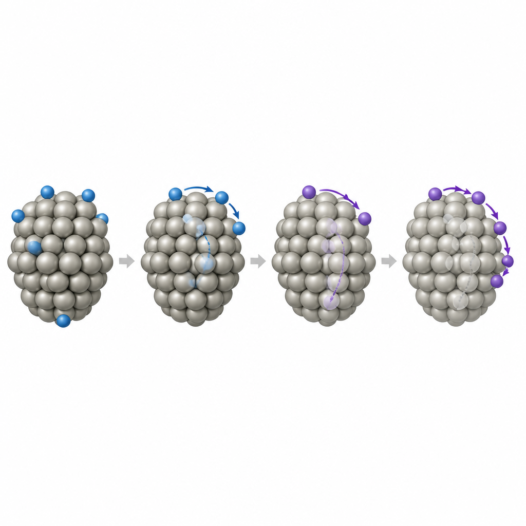 Figure 2. Hidrojen atomlarının metal nanokümenin içinden geçmek yerine büyük ölçüde yüzey boyunca nasıl hareket ettiği.