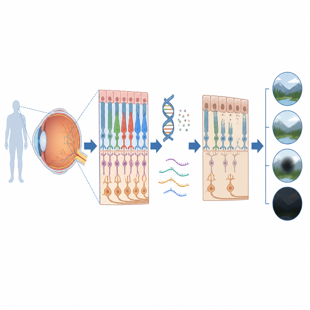 Figure 1. How DNA differences in the retina influence gene activity and shape vision health across the population.