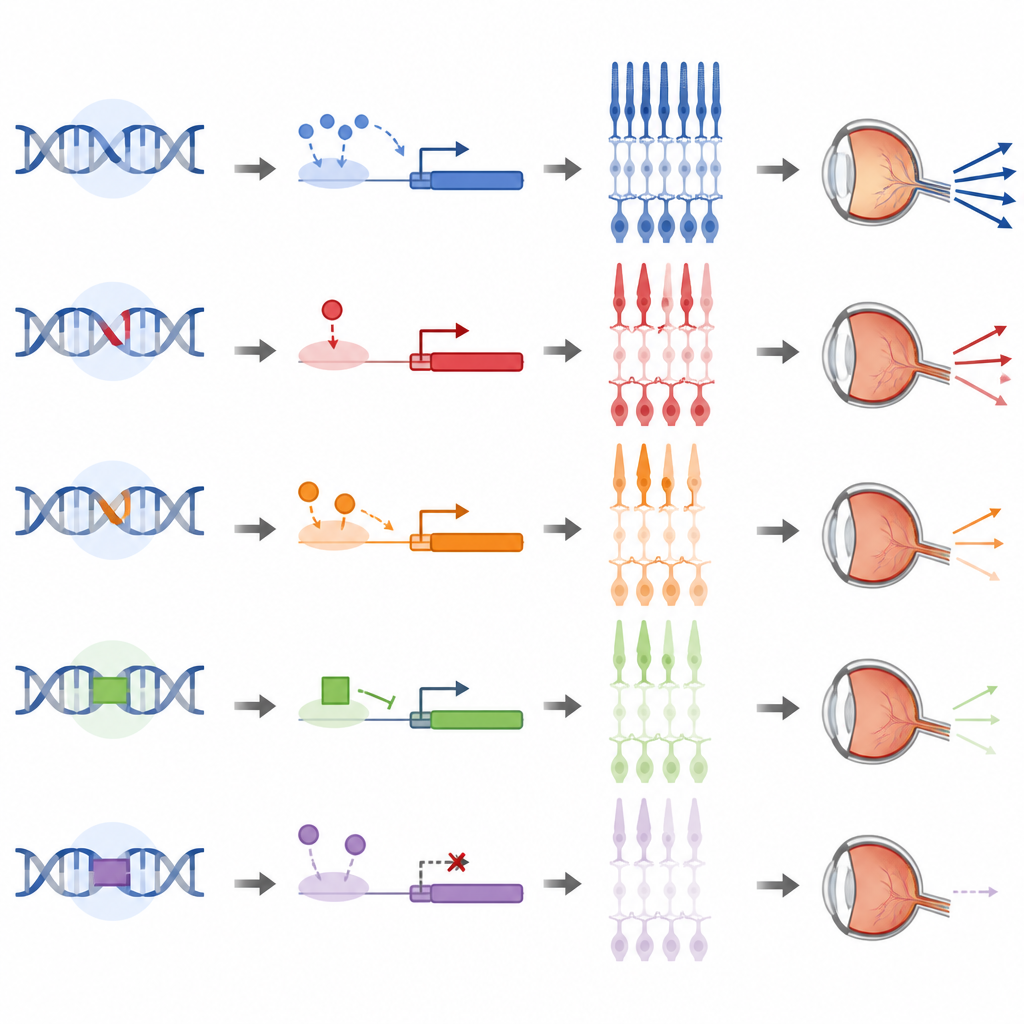 Figure 2. How specific DNA changes alter retinal gene switches and cell behavior to produce different visual outcomes.