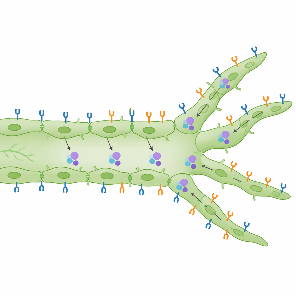 Figure 2. How two receptors on lymph vessel cells and PI3Kα signaling cooperate to turn cell growth into new lymphatic sprouts