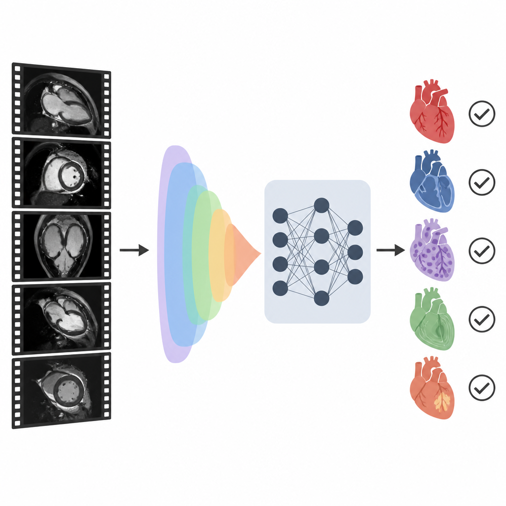 Figure 1. L’IA collega video RM cardiaci dell’intero cuore con i referti per aiutare a riconoscere automaticamente diverse malattie cardiache.
