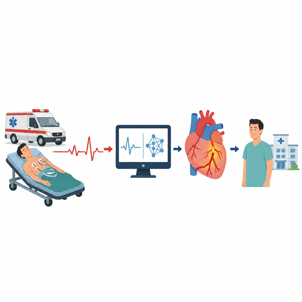 Figure 1. AI leest spoed-ECG’s om snel patiënten met gevaarlijk geblokkeerde kransslagaders te signaleren die dringende behandeling nodig hebben