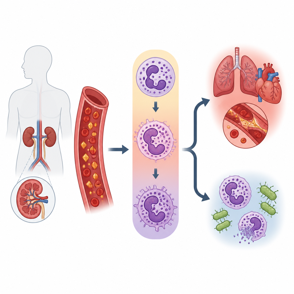 Figure 1. Niveles altos de ácido úrico en la enfermedad renal hacen que las células inmunitarias estén inflamadas pero sean deficientes para eliminar bacterias durante la sepsis.