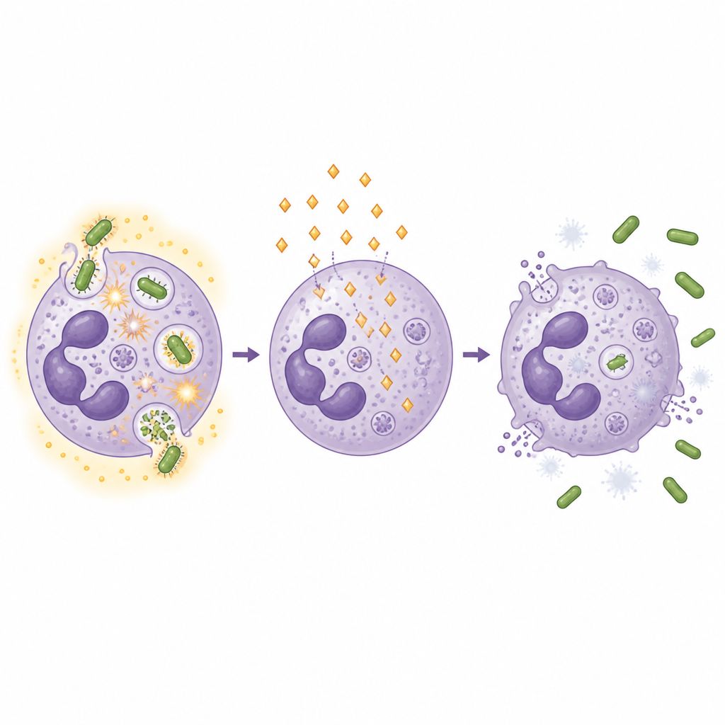 Figure 2. El ácido úrico soluble entra en los neutrófilos, reduciendo su capacidad de engullir bacterias y de generar compuestos que las eliminan.